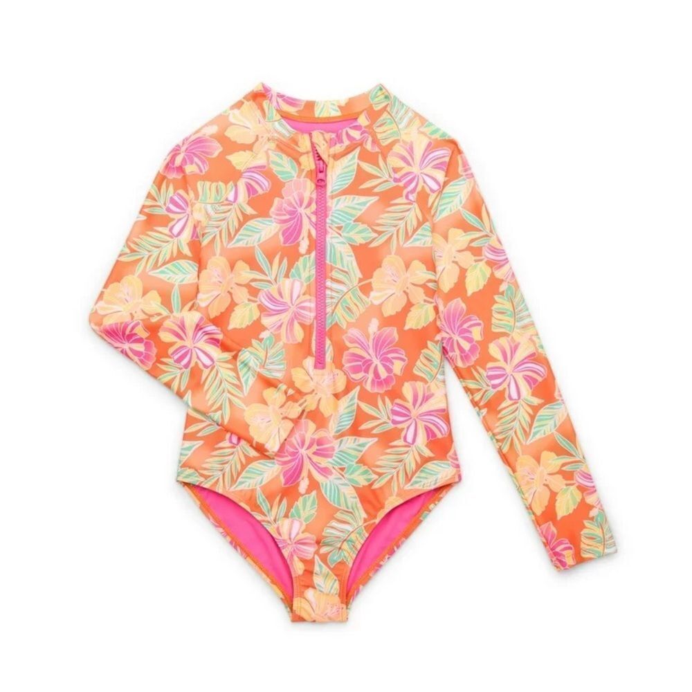 Wonder Nation Girls Zip-Up Rash Guard One-Piece Swimsuit Long Sleeve Size XL
